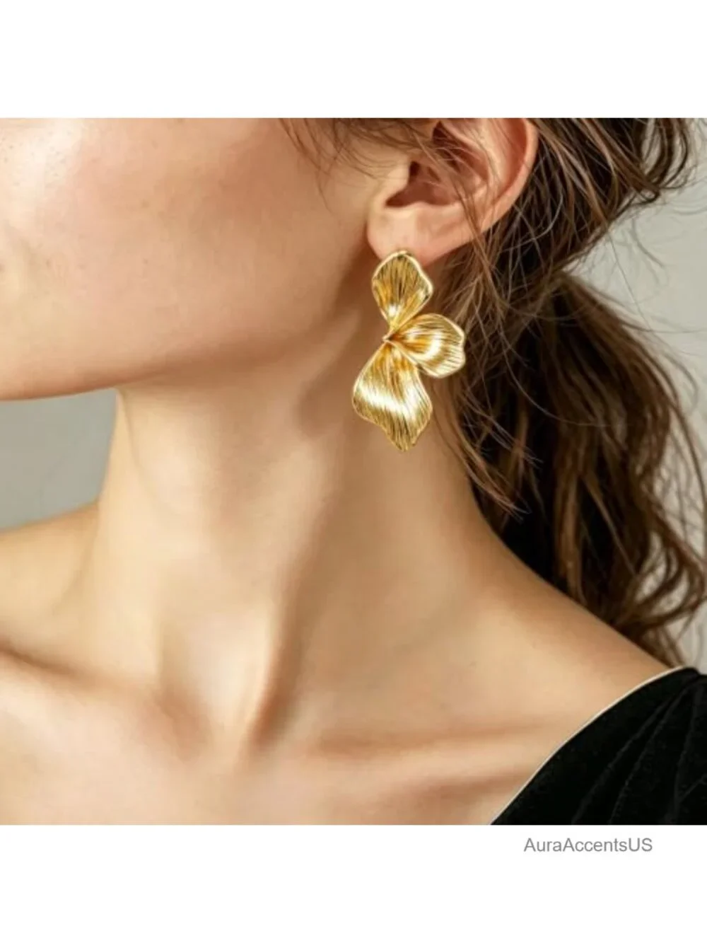 Women's Gold Plated Sectored Flower Leaf Dangle Earrings Hypoallergenic